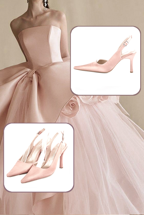 Powder pink women's slingback shoes. Pointed toe. Very high slim heel. Worn view - Florence KOOIJMAN